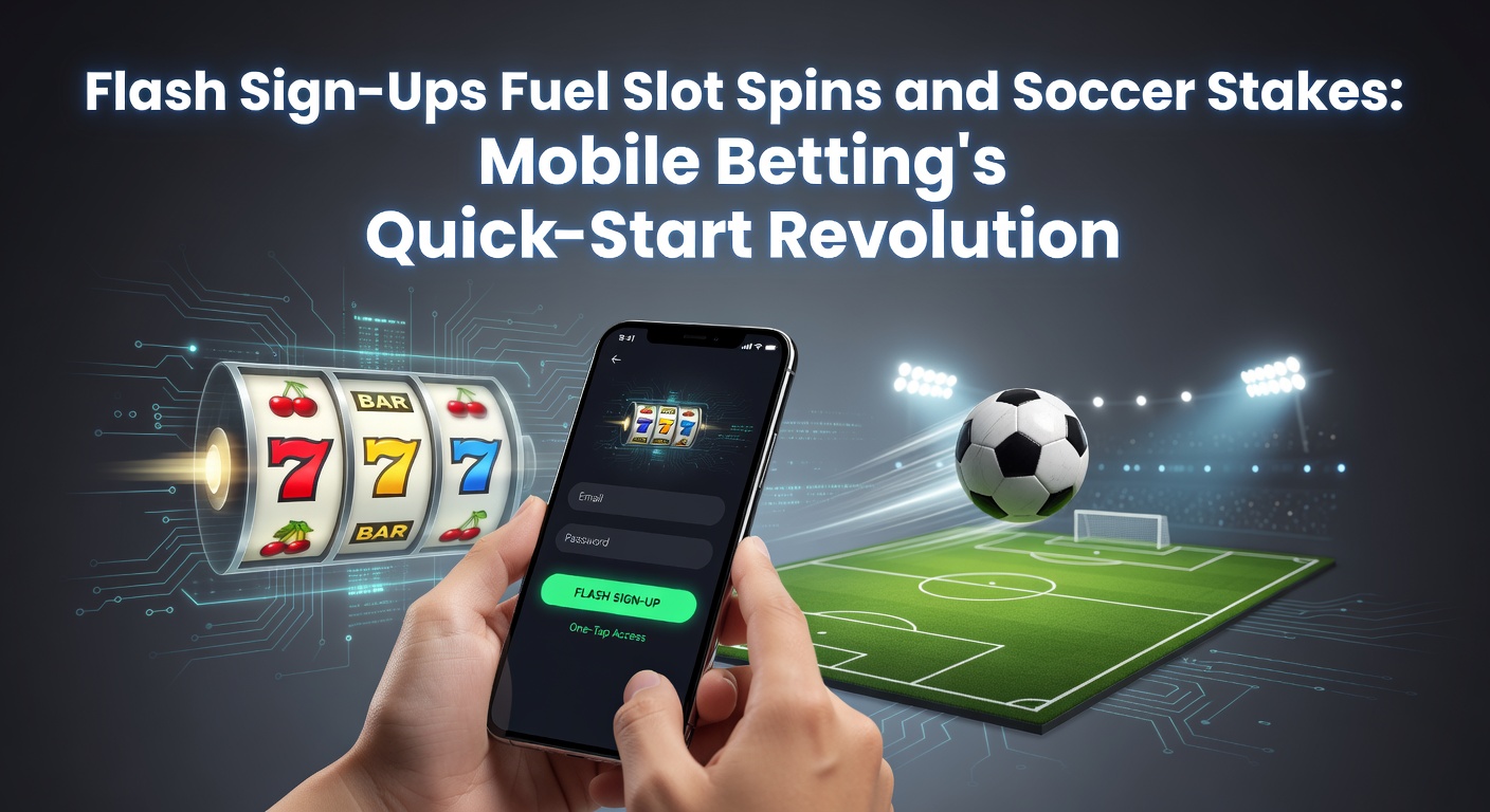 Smartphone screen showing a one-tap sign-up process transitioning to a vibrant slot machine spin and soccer match odds