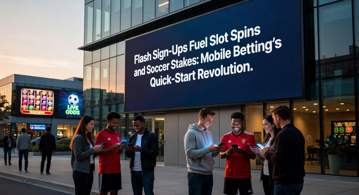 Dynamic split-screen of a mobile app: left side quick sign-up confirmation, right side active soccer bet slip and spinning slot reels