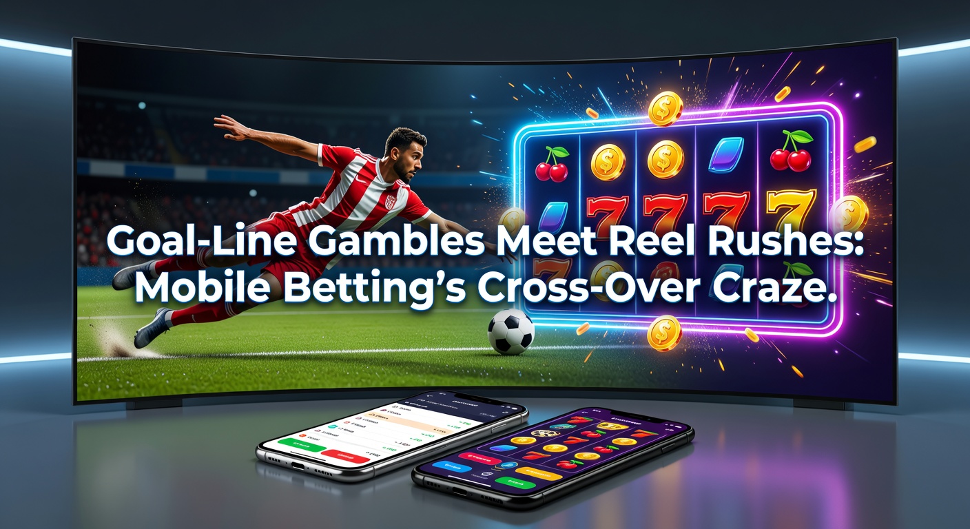 Smartphone screen displaying a live soccer match bet alongside spinning slot reels, capturing the seamless blend of sports action adn casino excitement