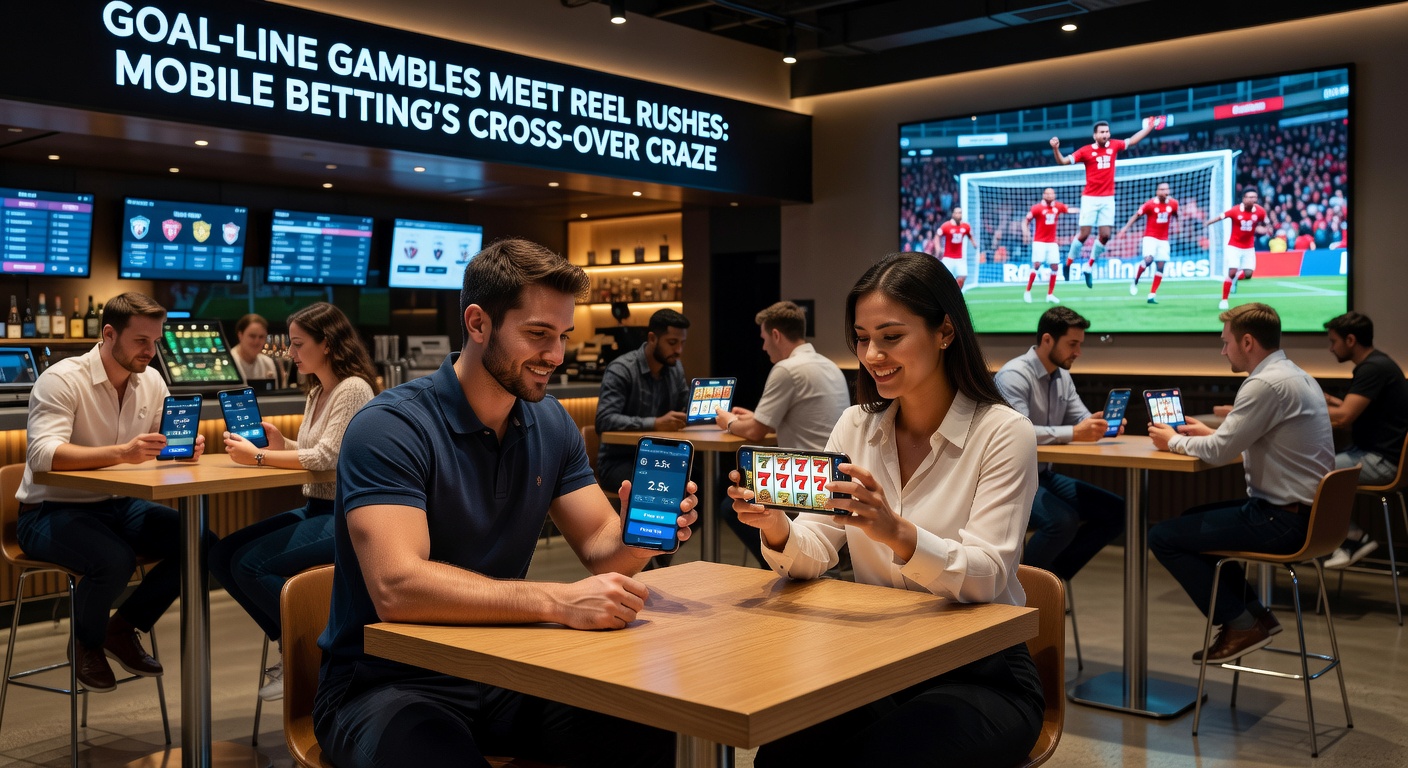 Diverse group of mobile users cheering at soccer goals while spinning virtual slot machines on their devices, illustrating the social and immersive hybrid betting vibe