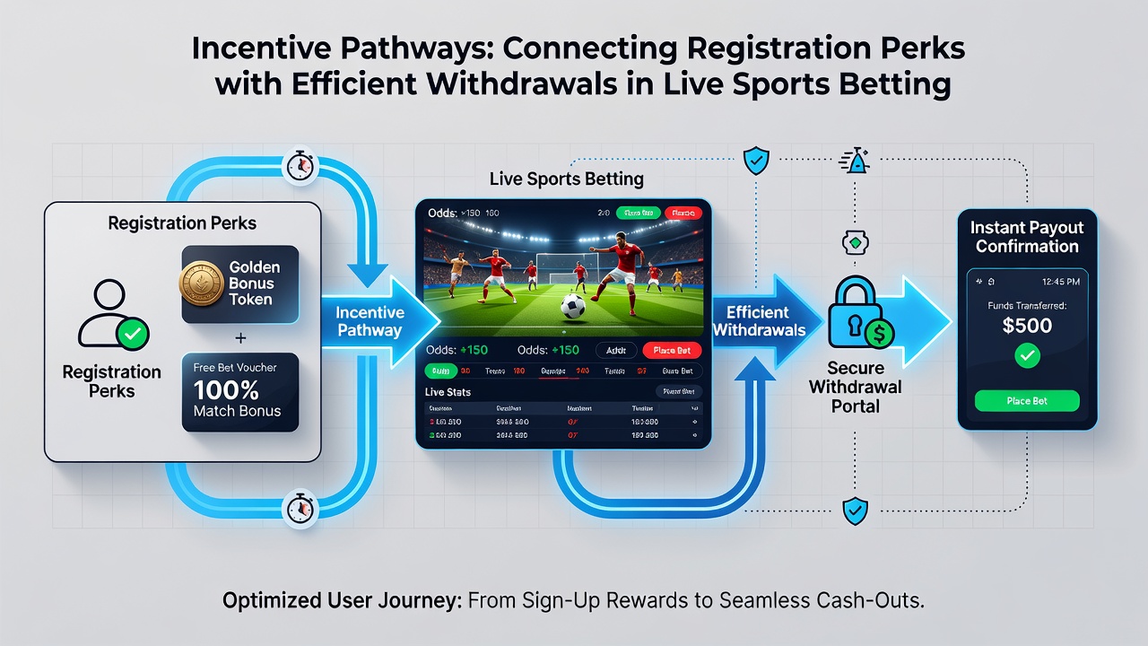 Illustration showing streamlined withdrawal flows from registration incentives in betting and slots