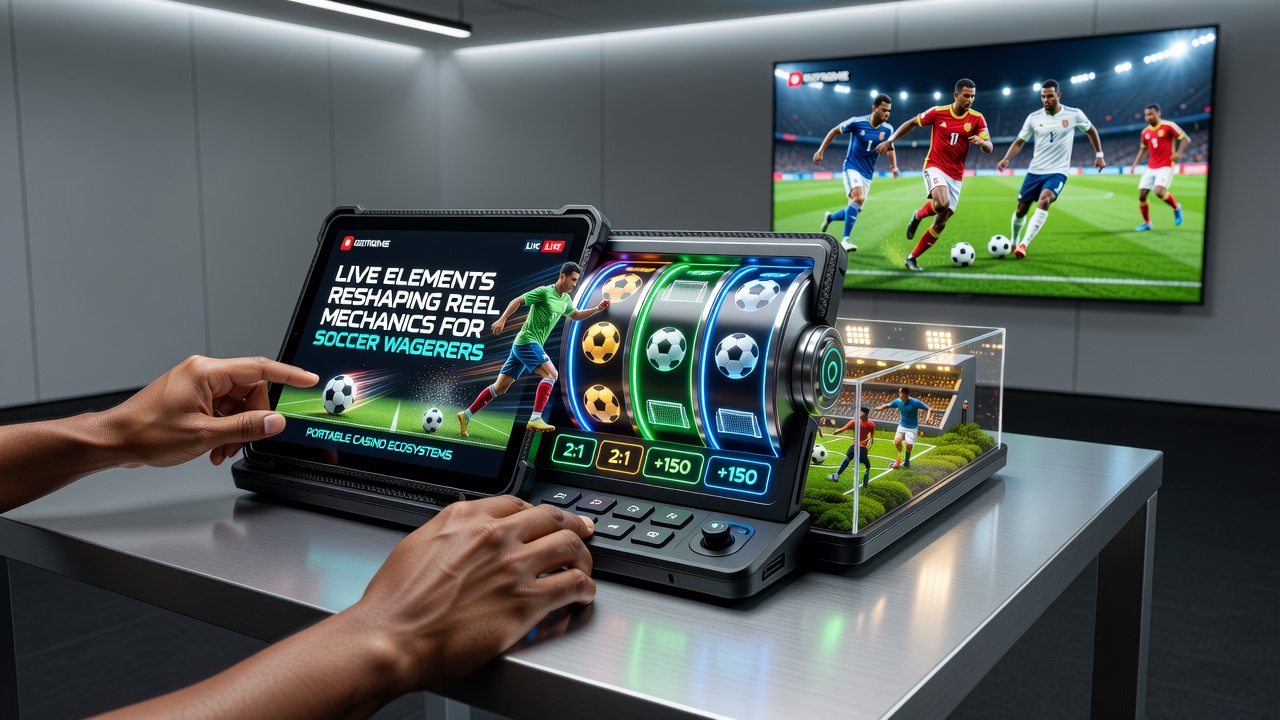 Mobile casino interface showing live soccer data integrated into spinning reels with dynamic symbols and real-time match updates