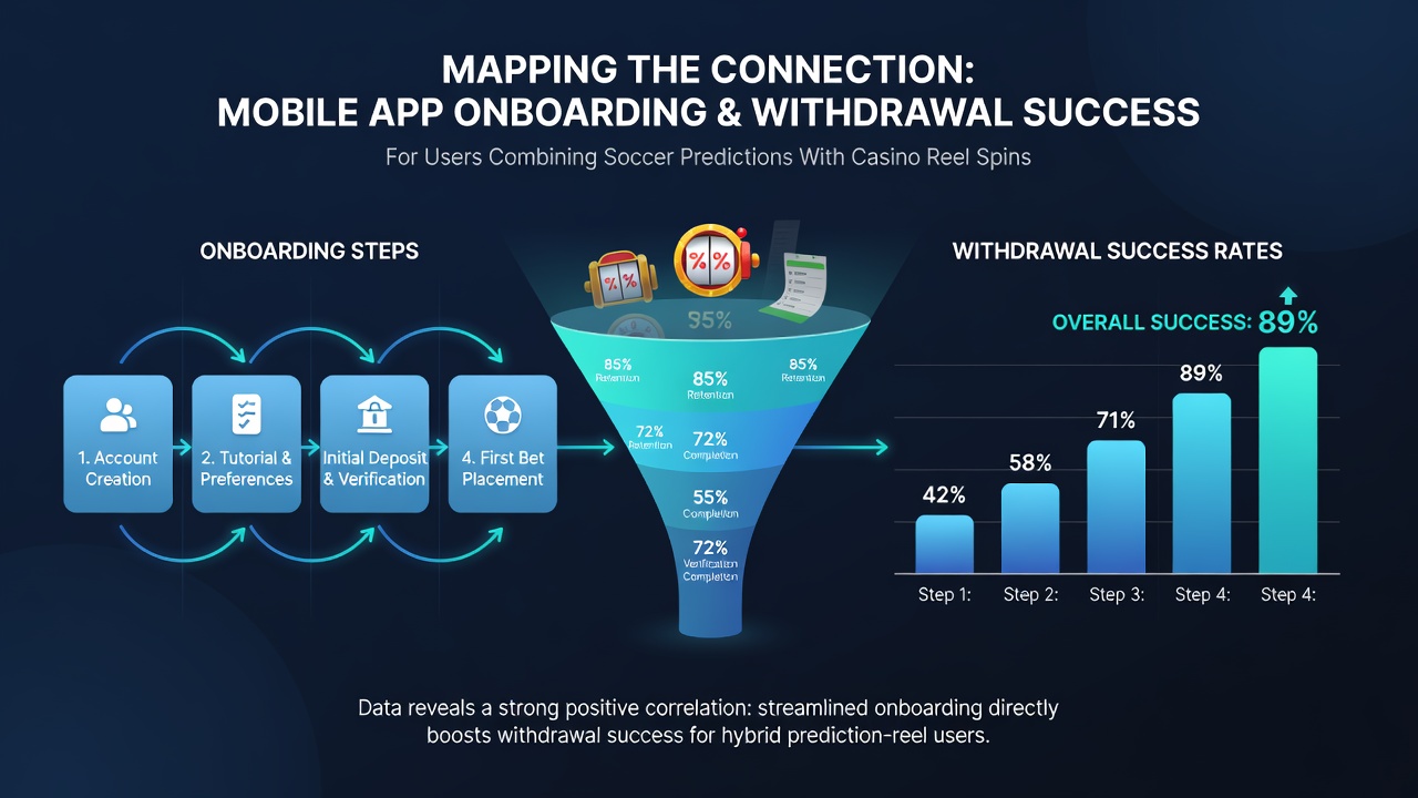 Mobile app interface showing onboarding steps for users combining soccer predictions and casino reel spins