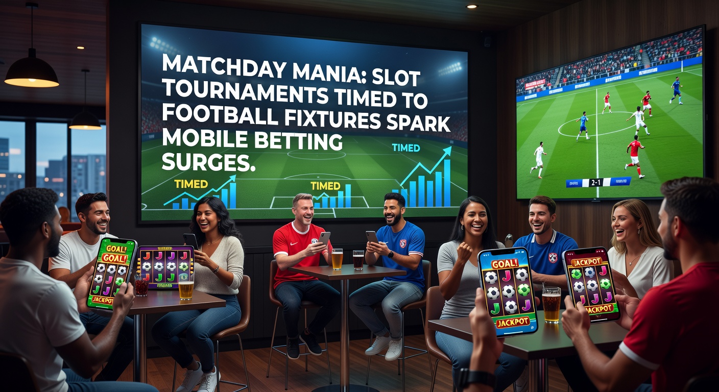Vibrant mobile screen showing a slot tournament leaderboard synced to a live soccer match, with cheering crowds and spinning reels in the background
