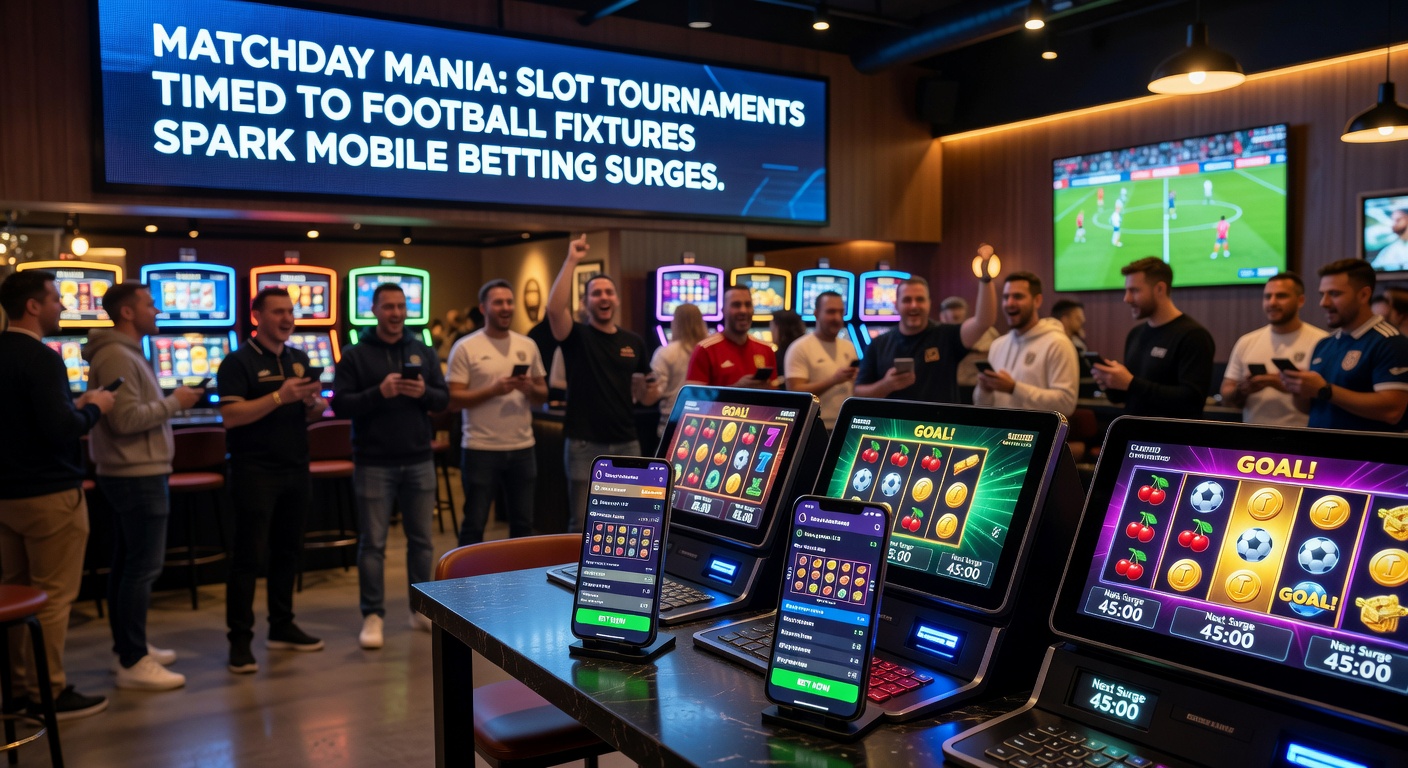 Dynamic split-view of a smartphone displaying a live soccer score alongside a buzzing slot tournament progress bar, fireworks exploding for a big win