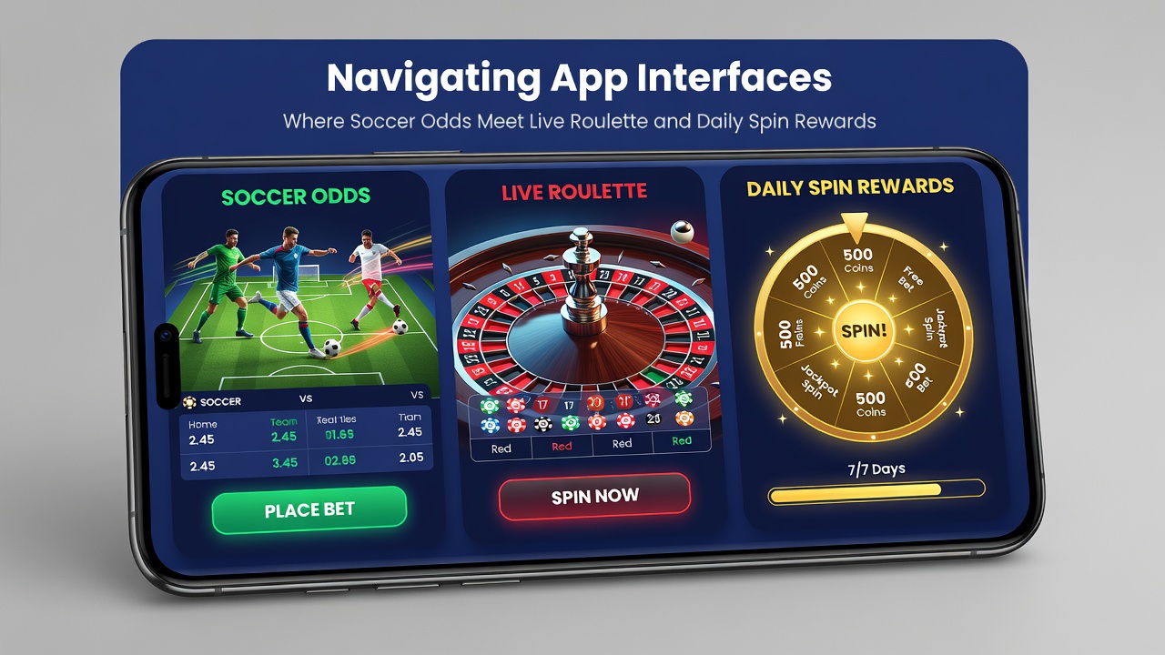 Split view of app interface showing integrated soccer odds panel next to roulette wheel and accumulated spin rewards