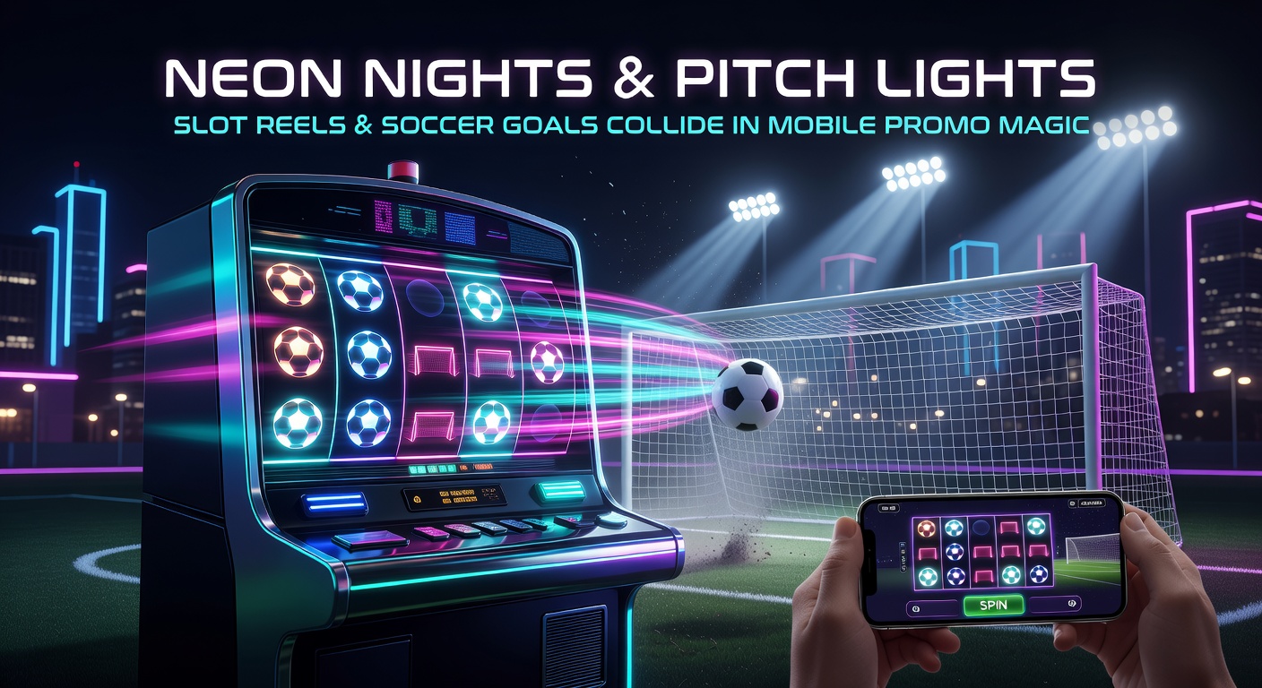 Vibrant mobile screen showing neon-lit slot reels overlayed on a soccer pitch with glowing goals and cheering crowds