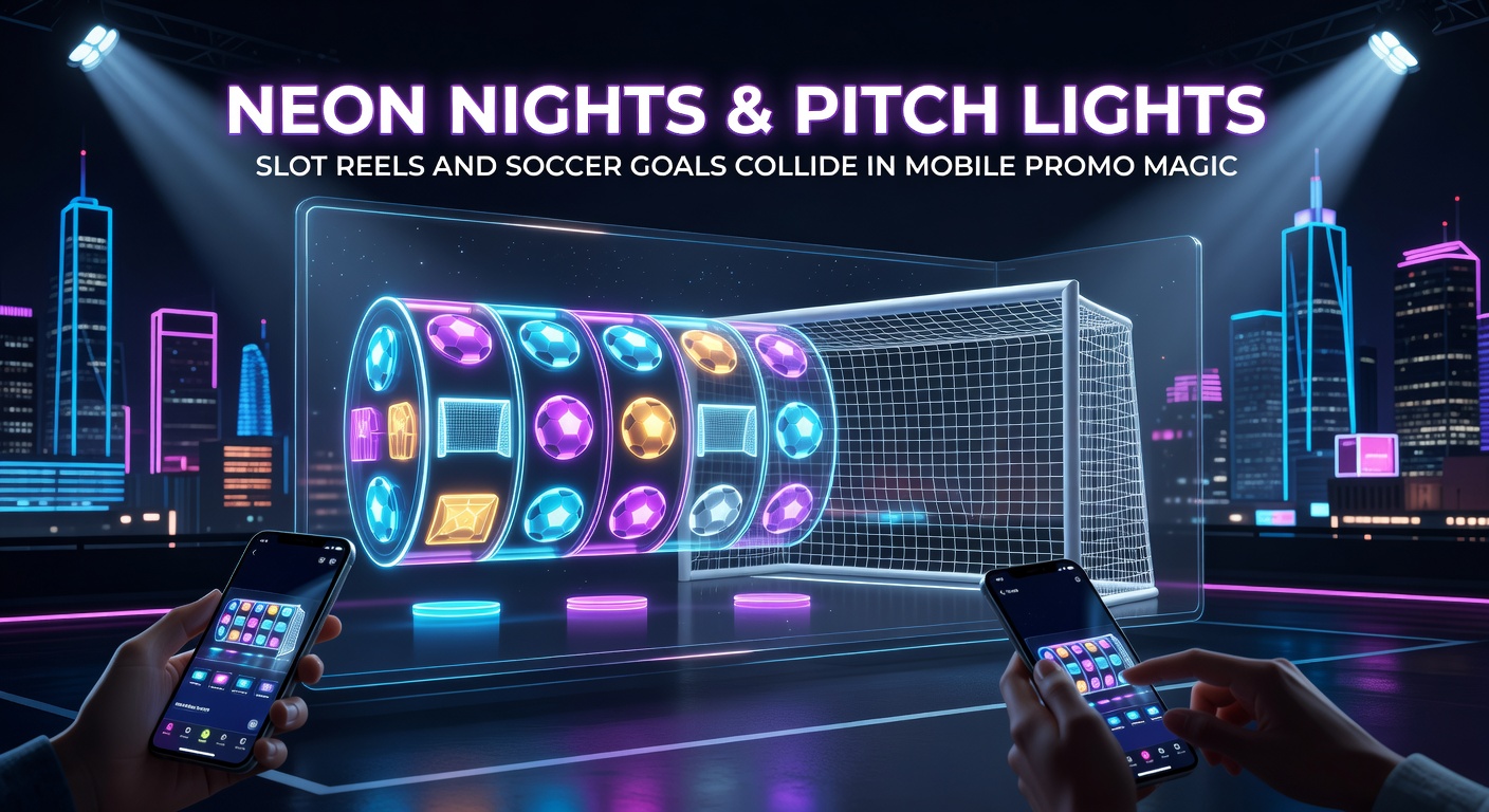 Dynamic split-screen graphic of a soccer goal celebration morphing into exploding neon slot symbols on a mobile device