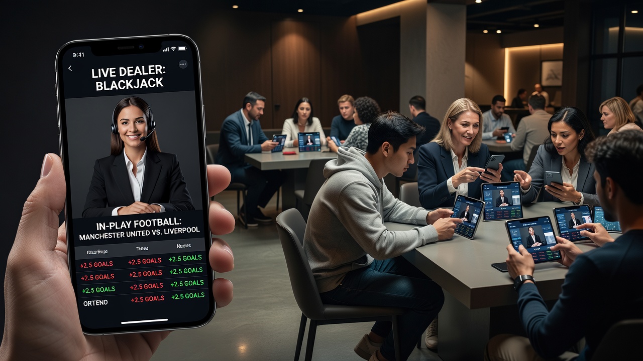 Smartphone screen displaying integrated live dealer table adn football in-play betting interface