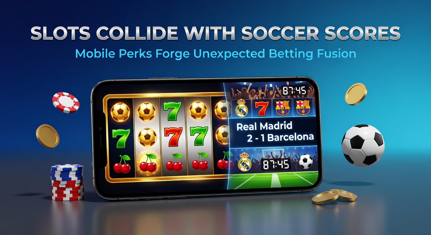 Smartphone screen displaying a mobile betting app with vibrant slot reels spinning alongside live soccer match scores and bonus notifications