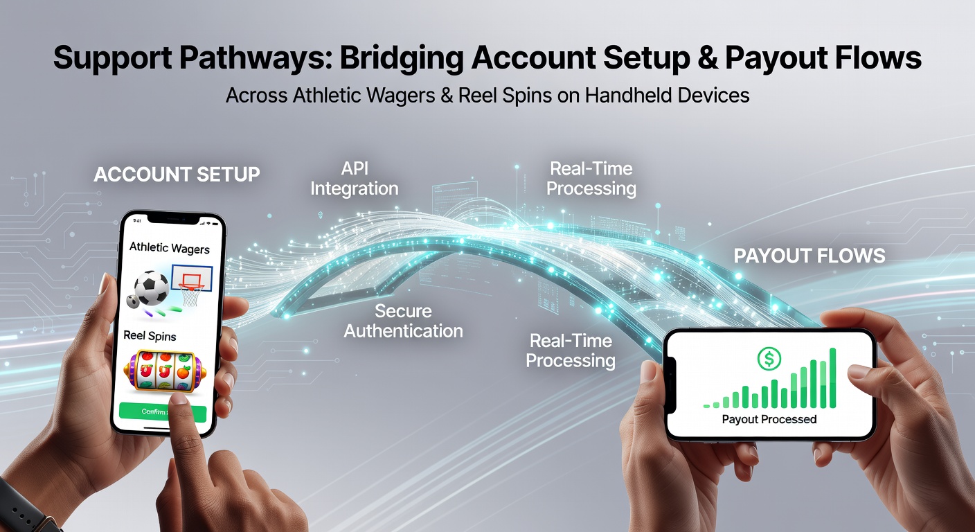Mobile support interface showing account setup steps alongside payout options for sports wagers and slot spins