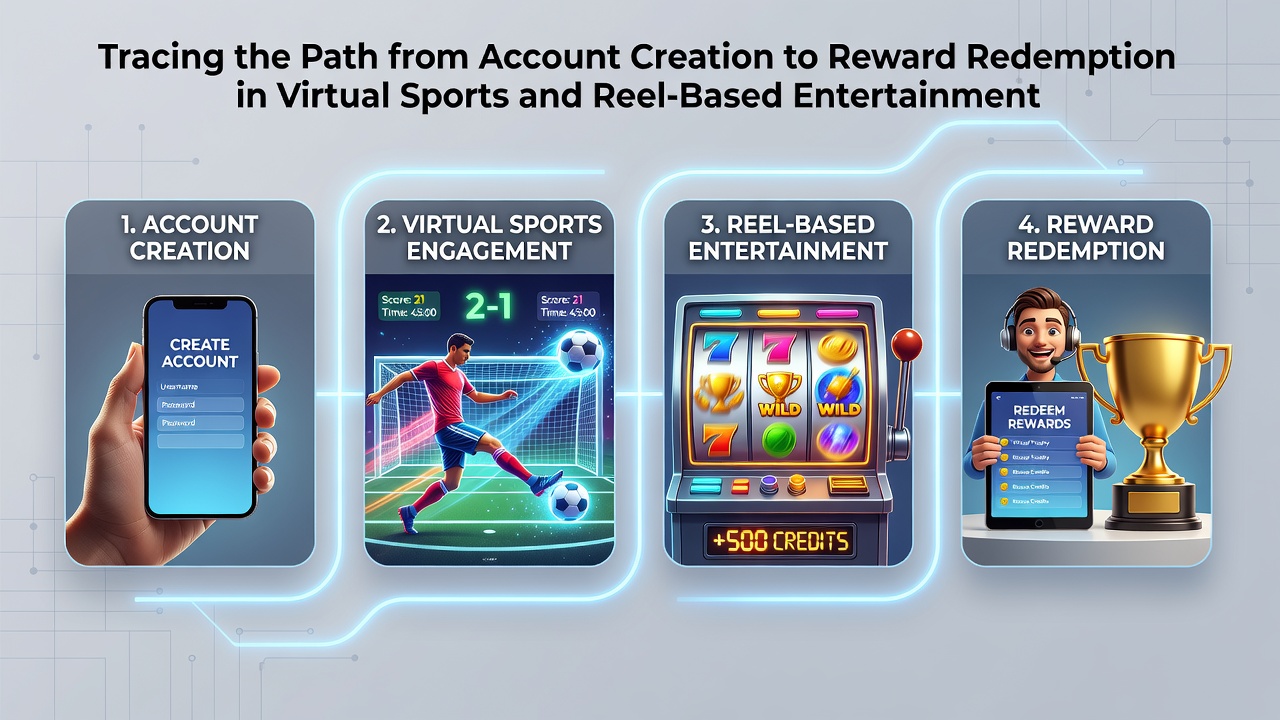 Illustration showing a user interface flow from account signup screen to reward redemption dashboard in virtual sports and slots platforms